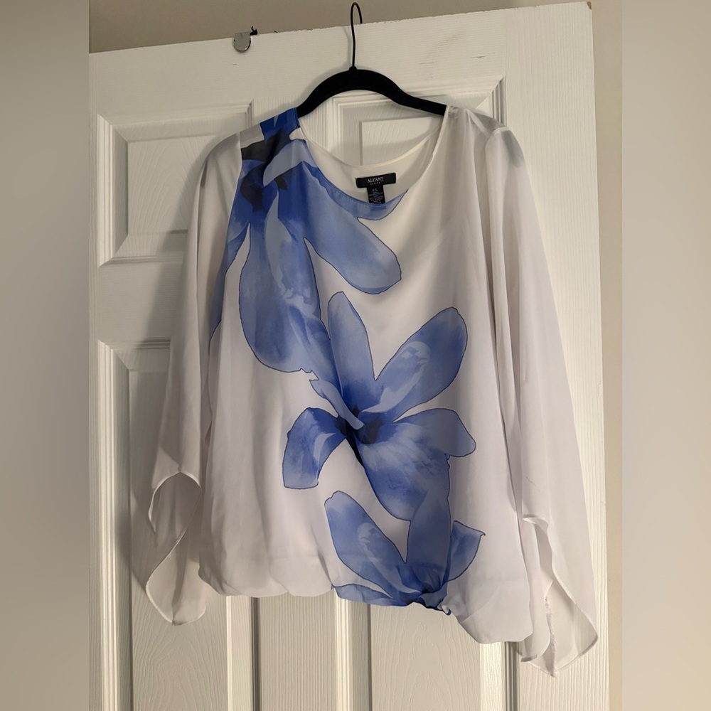 Alfani White Blouse with Blue Floral Design